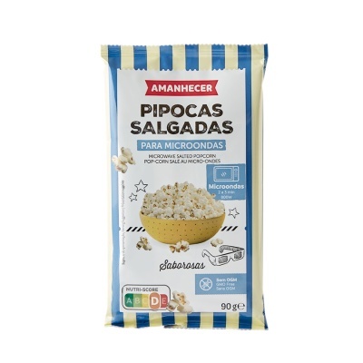 Pacote de pipocas salgadas Amanhecer para microondas azul e branco às riscas com imagem de pipocas e recipiente amarelo