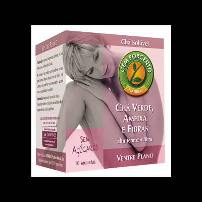 Caixa rosa e verde de chá solúvel CEM PORCENTO NATURAL com imagem de mulher