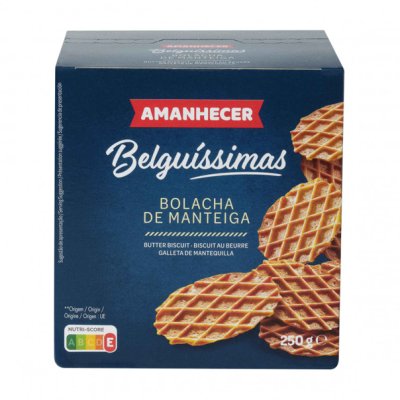 Pacote azul de bolachas de manteiga Amanhecer Belguíssimas com bolachas douradas