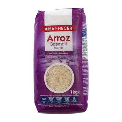 Pacote roxo de arroz Basmati Amanhecer 1kg com janela transparente e texto em português.