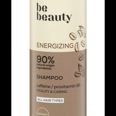 Frasco de champô be beauty energizing com tampa bege e rótulo castanho e bege