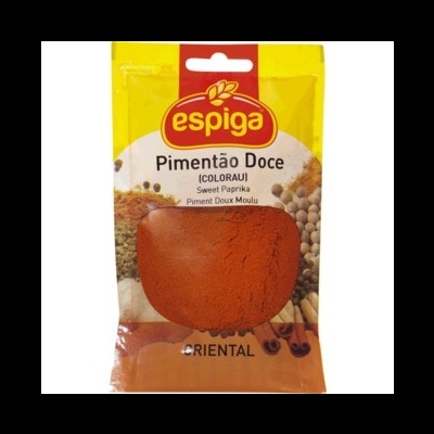 Pacote de pimentão doce moído da marca Espiga, embalagem amarela e vermelha