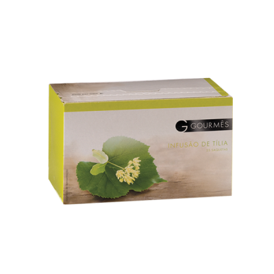 Caixa de chá infusão de tília GOURMÉS com 25 saquetas, embalagem verde e branca