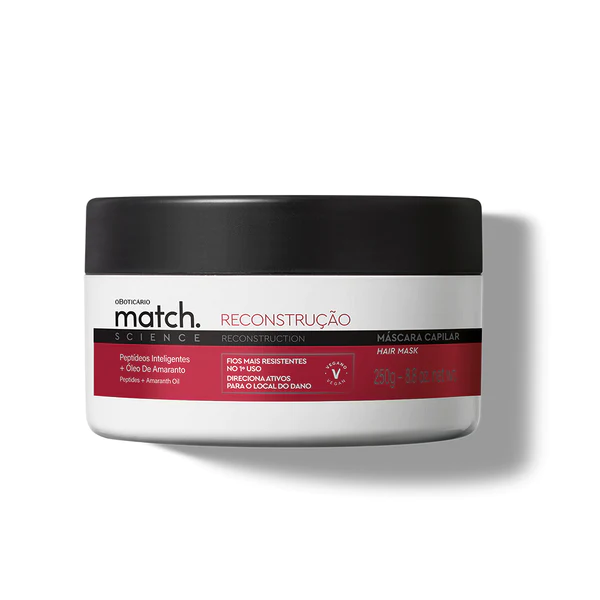 4851 MÁSCARA CAPILAR MATCH SCIENCE RECONSTRUÇÃO, 250G Máscara capilar branca da marca match com tampa preta e rótulo vermelho e preto
