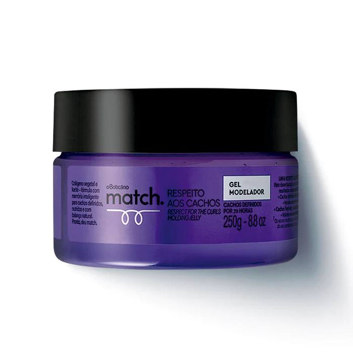4845 GEL MODELADOR MATCH RESPEITO AOS CACHOS, 290ML Pote roxo de gel modelador para cachos com tampa preta