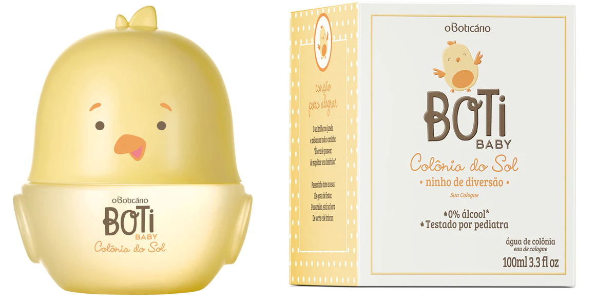 63160 BOTI BABY COLÓNIA DO SOL, 100ML Frasco e caixa da Colónia do Sol BOTI BABY do oBoticário em amarelo e branco