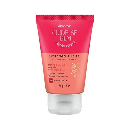 3979 CUIDE-SE BEM CREME MÃOS MORANGO E LEITE, 50G Creme hidratante para mãos Cuide-se Bem Morango & Leite em embalagem vermelha e rosa