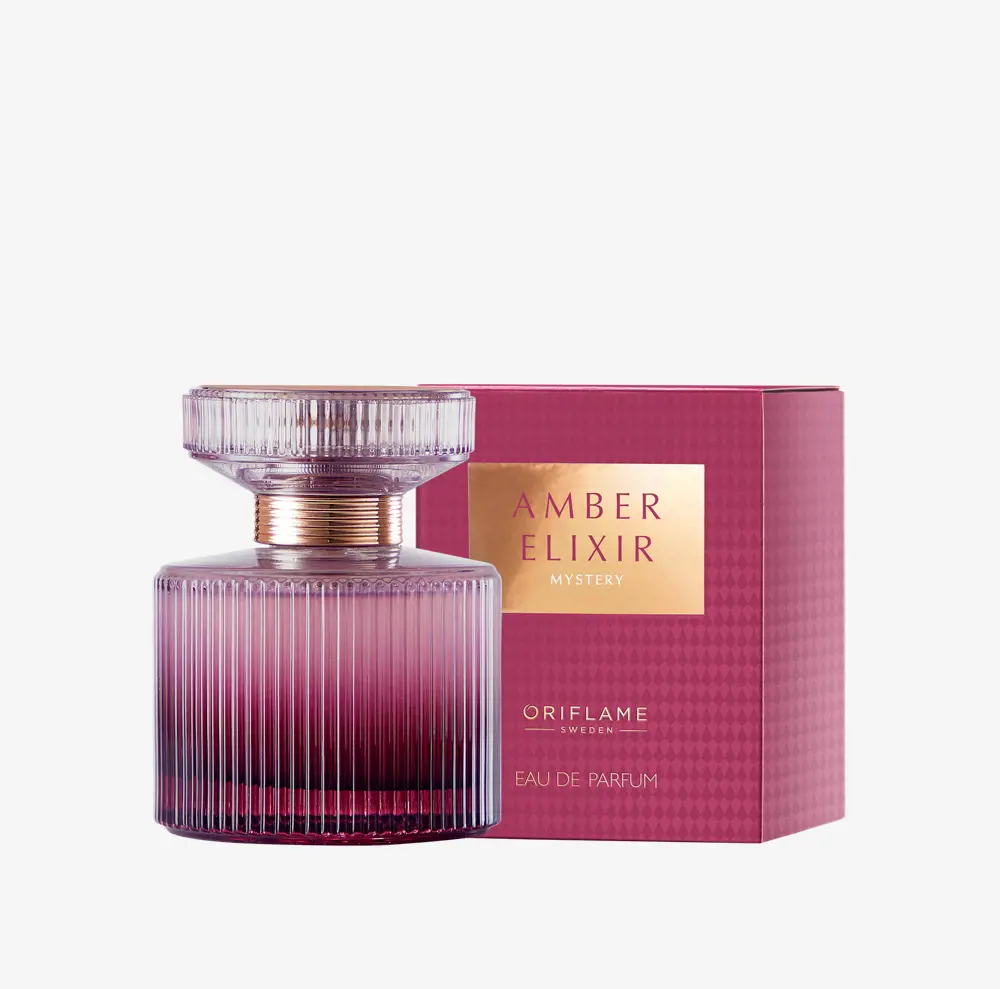 35681 Eau de Parfum Amber Elixir Mystery Frasco e caixa de perfume Amber Elixir Mystery da Oriflame