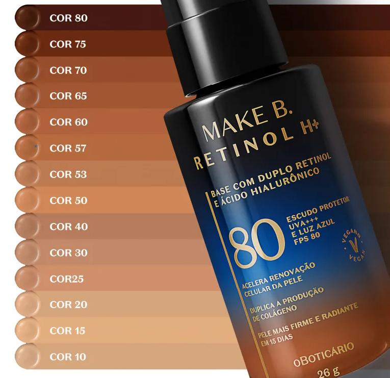 62748 Make B Base Líquida Retinol FPS50+ Cor30, 30ml Frasco de base líquida MAKE B. RETINOL H+ e amostras de cor num fundo degradê castanho.