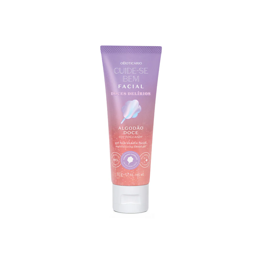 86024 Gel Hidratante Facial Cuide-se Bem Doces Delírios, 50g Gel hidratante facial em tubo roxo e rosa com algodão doce
