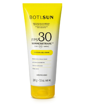 50395 BOTI.SUN PROTETOR SOLAR CORPORAL GEL CREME FPS30 Protetor solar corporal BOTI.SUN FPS 30 em tubo amarelo e branco