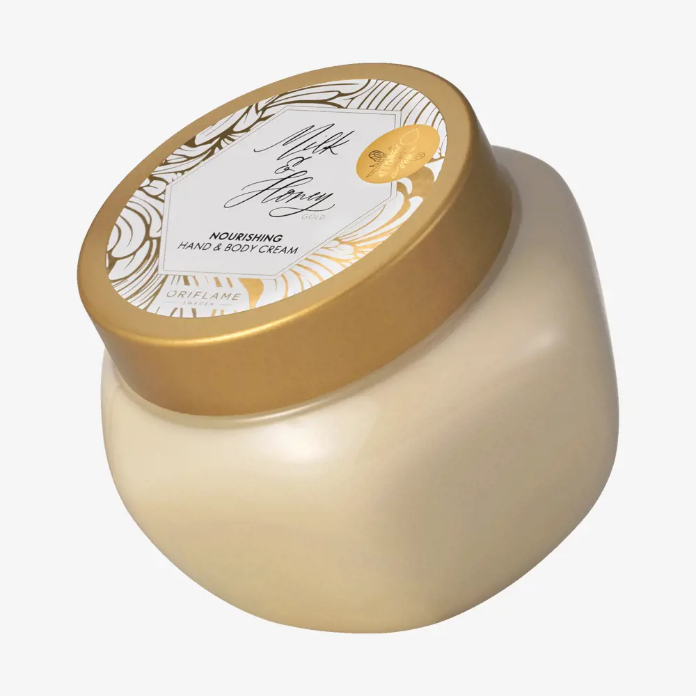 46968 Creme de Mãos e Corpo Nutritivo Milk & Honey Gold Frasco creme para mãos e corpo Milk & Honey Gold da Oriflame com tampa dourada