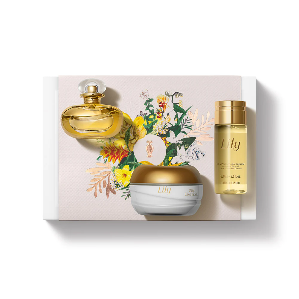 1002880 Coffret Dia da Mãe Lily Perfumado Conjunto de produtos cosméticos Lily com perfume, creme e óleo perfumado, embalagem com flores.