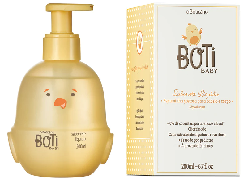 63158 SABONETE LÍQUIDO DE GLICERINA BOTI BABY, 200ML Sabonete líquido BOTI BABY dourado e caixa branca com texto descritivo