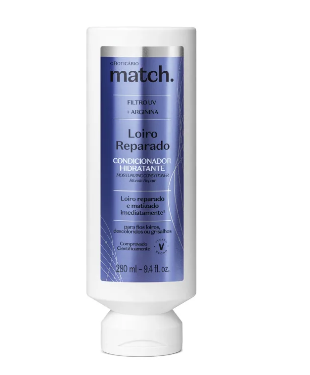 82825 Match Condicionador Hidratante Loiro Reparado, 280ml Tubo branco de condicionador com etiqueta azul e texto em português