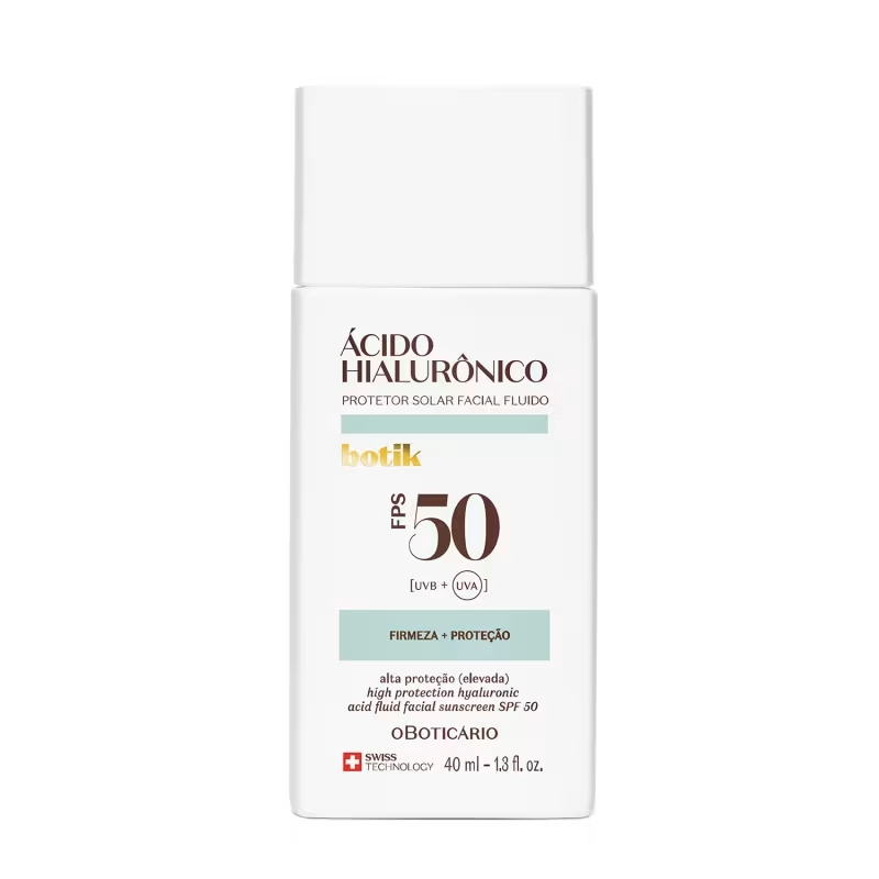 53838 Protetor Solar Facial Fluido FPS 50 Botik Ácido Hialurónico 40ml Frasco branco de protetor solar facial fluido botik FPS 50