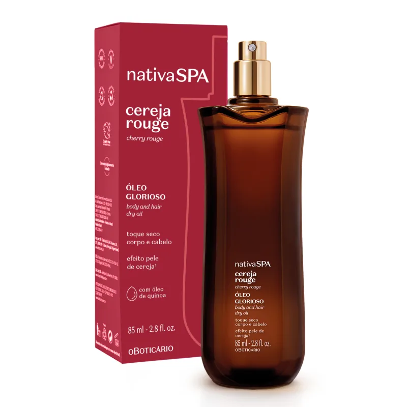 58383 Óleo Glorioso para Corpo e Cabelo Nativa Spa Cereja Rouge 85ml Frasco castanho translúcido com pulverizador dourado do óleo corporal e facial e embalagem vermelha nativaSPA cereja rouge.