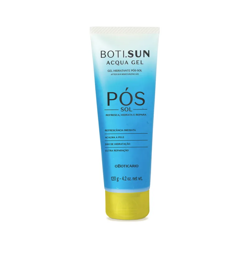 47596 Boti.Sun Acqua Gel Pós-Sol, 120g Gel hidratante pós-sol BOTI.SUN Acqua Gel em embalagem azul com tampa amarela.