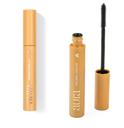 1000170 MÁSCARA DE PESTANAS AURA BY HELENA COELHO, 12ML rímel amarelo aberto e fechado com texto branco