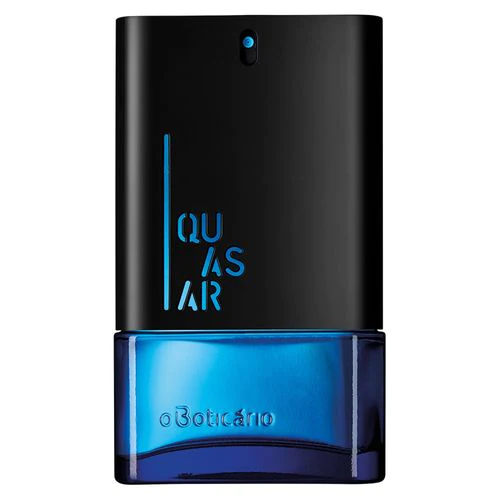 60273 QUASAR EAU DE TOILETTE, 100ML Frasco de perfume preto e azul com texto QUASAR e oBoticário