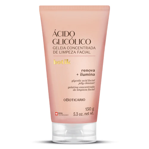 9173 GELEIA CONCENTRADA DE LIMPEZA FACIAL ÁCIDO GLICÓLICO BOTIK, 150G Tubo rosa de geleia concentrada de limpeza facial ácido glicólico da marca O Boticário