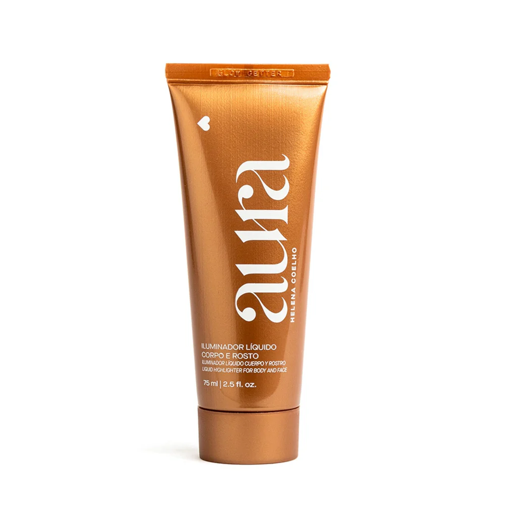 63854 Iluminador Líquido Corpo e Rosto Aura by Helena Coelho, 75ml Tubo bronze de iluminador líquido corporal e facial Aura Helena Coelho
