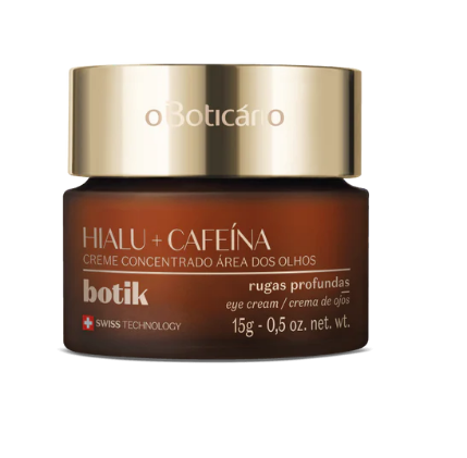77138 CREME CONCENTRADO PARA A ÁREA DOS OLHOS BOTIK COM ÁCIDO HIALURÓNICO E CAFEÍNA, 15G Frasco castanho de creme para olhos com tampa dourada e texto visível.