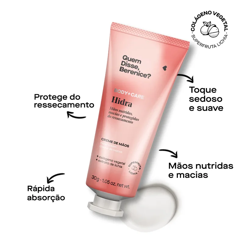 83617 Creme Hidratante Mãos Hidra 30g Tubo cor-de-rosa de creme de mãos Hidra da Quem Disse, Berenice?, 30g.