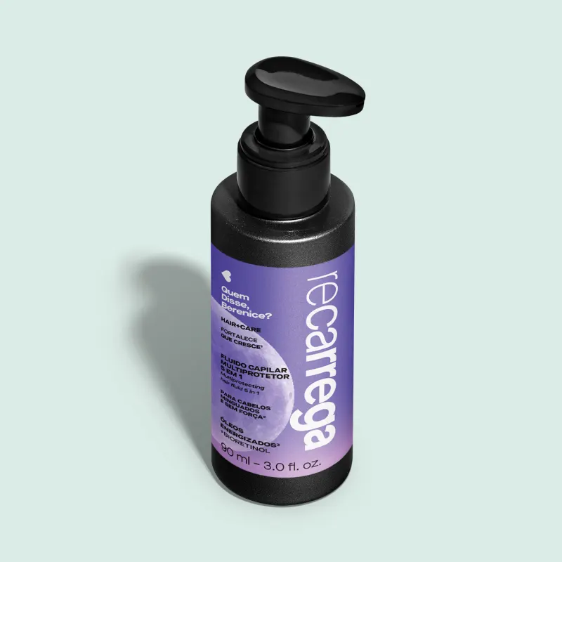 53003 Fluido Protetor Térmico Recarrega, 90ml Frasco preto com doseador e rótulo lilás de produto capilar recarrega
