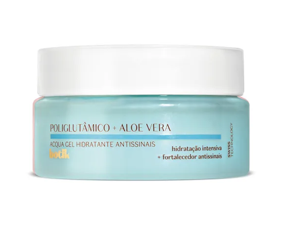4480 Acqua Gel Hidratante Antissinais Poliglutâmico + Aloe Vera Botik, 50g Frasco azul claro de gel hidratante antissinais com tampa branca