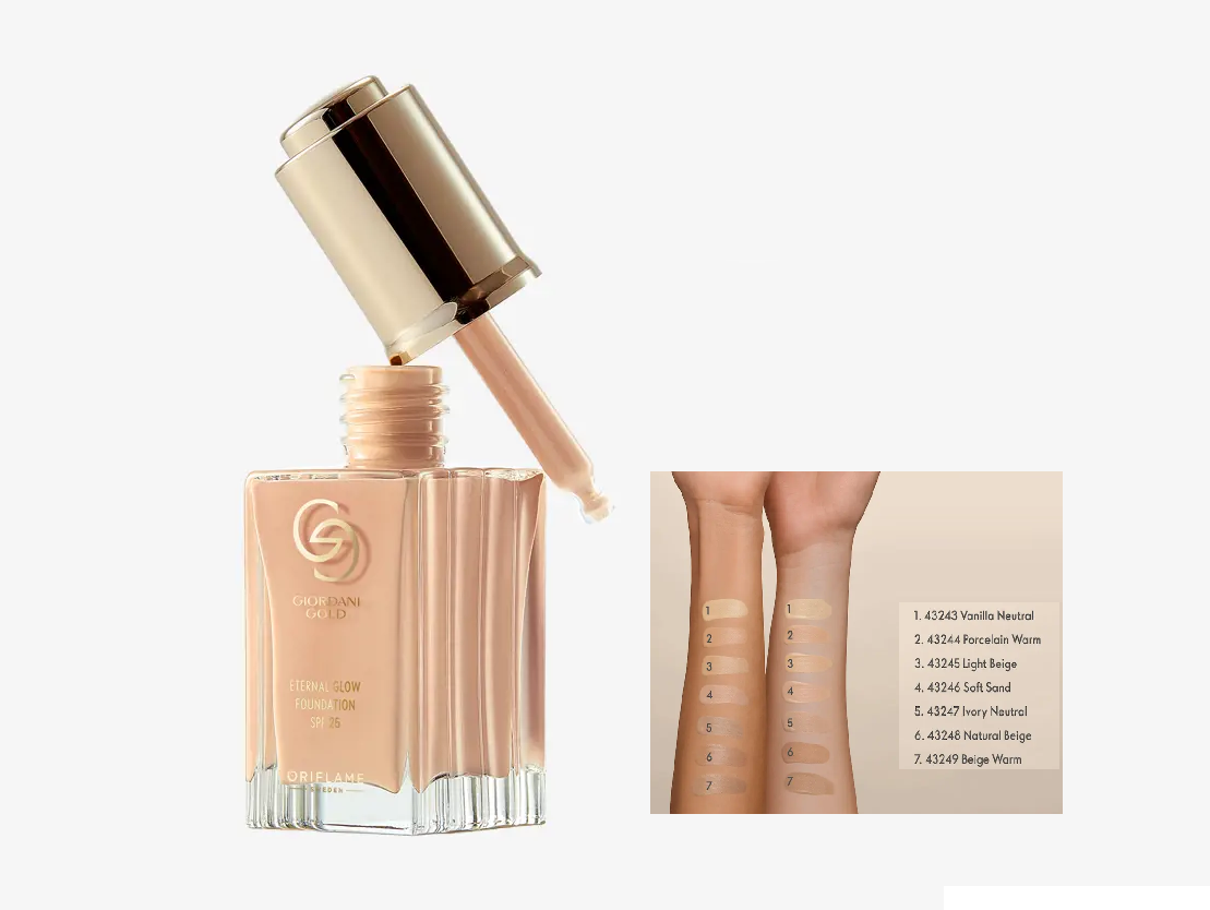 43244 Base Eternal Glow com FPS 25 Giordani Gold Cor Porcelain Warm Frasco de base líquida Dior Backstage e amostra de 7 tons na pele.
