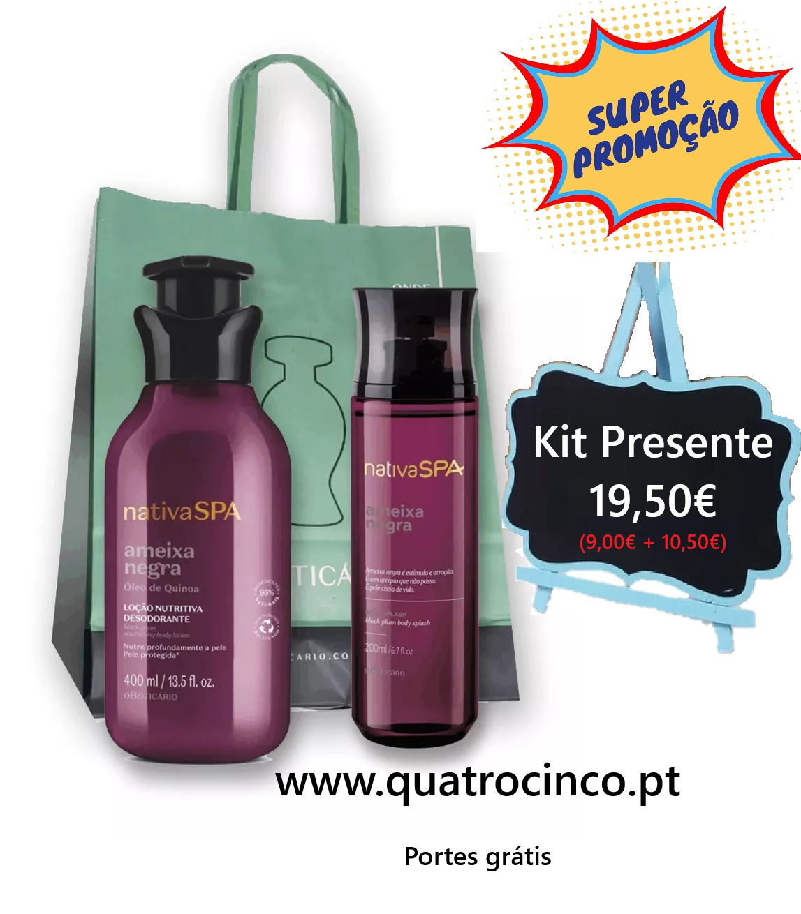 2525 Kit dia da Mãe 2025 Kit de presente nativaSPA ameixa negra com 2 produtos em saco verde e preço em suporte azul