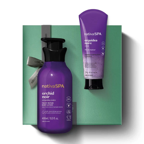 1002201 Kit de Dia da Mãe Nativa SPA Loção Orquídea Noire Produtos cosméticos Nativa SPA roxos sobre caixa verde