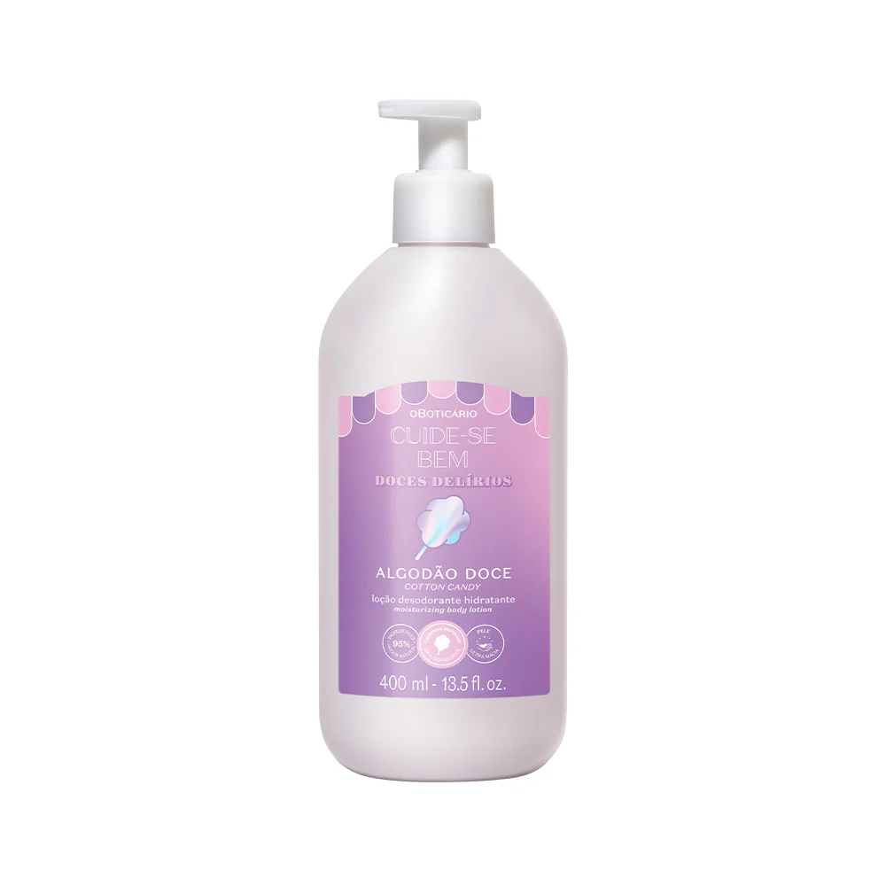 63700 Loção Hidratante Corporal Cuide-se Bem Doces Delírios, 400ml Loção hidratante O Boticário Algodão Doce com embalagem branca e rótulo lilás