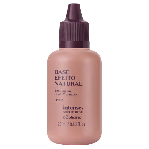 6228 BASE LÍQUIDA EFEITO NATURAL INTENSE SUPERFRESH 25ML COR 60 Frasco de base líquida cor bege com tampa roxa com texto da marca O Boticário