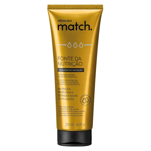 5712 SHAMPOO MATCH FONTE DE NUTRIÇÃO, 250ML Frasco de shampoo dourado com tampa preta da marca oBoticário
