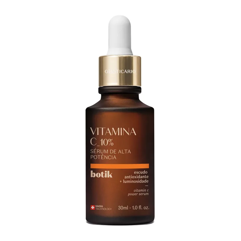 51467 Botik Vitamina C 10% Sérum de Alta Potência, 30ml Frasco de vidro castanho com sérum Vitamina C 10% botik e conta-gotas branco e dourado.