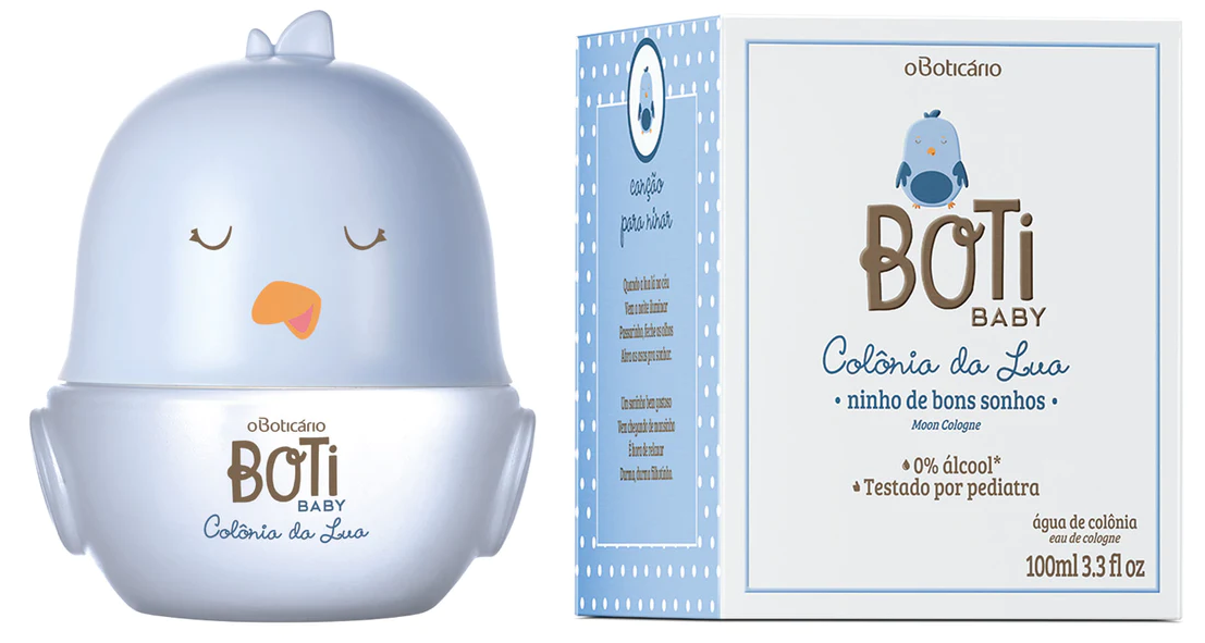 4866 BOTI BABY COLÓNIA DA LUA, 100ML Frasco azul claro em forma de passarinho com embalagem branca e azul com texto de colónia
