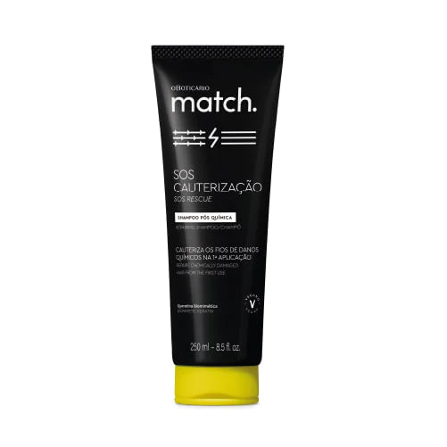 82585 SHAMPOO PÓS-QUÍMICA MATCH SOS CAUTERIZAÇÃO, 250ML Frasco preto e amarelo de champô SOS Cauterização da O Boticário match.