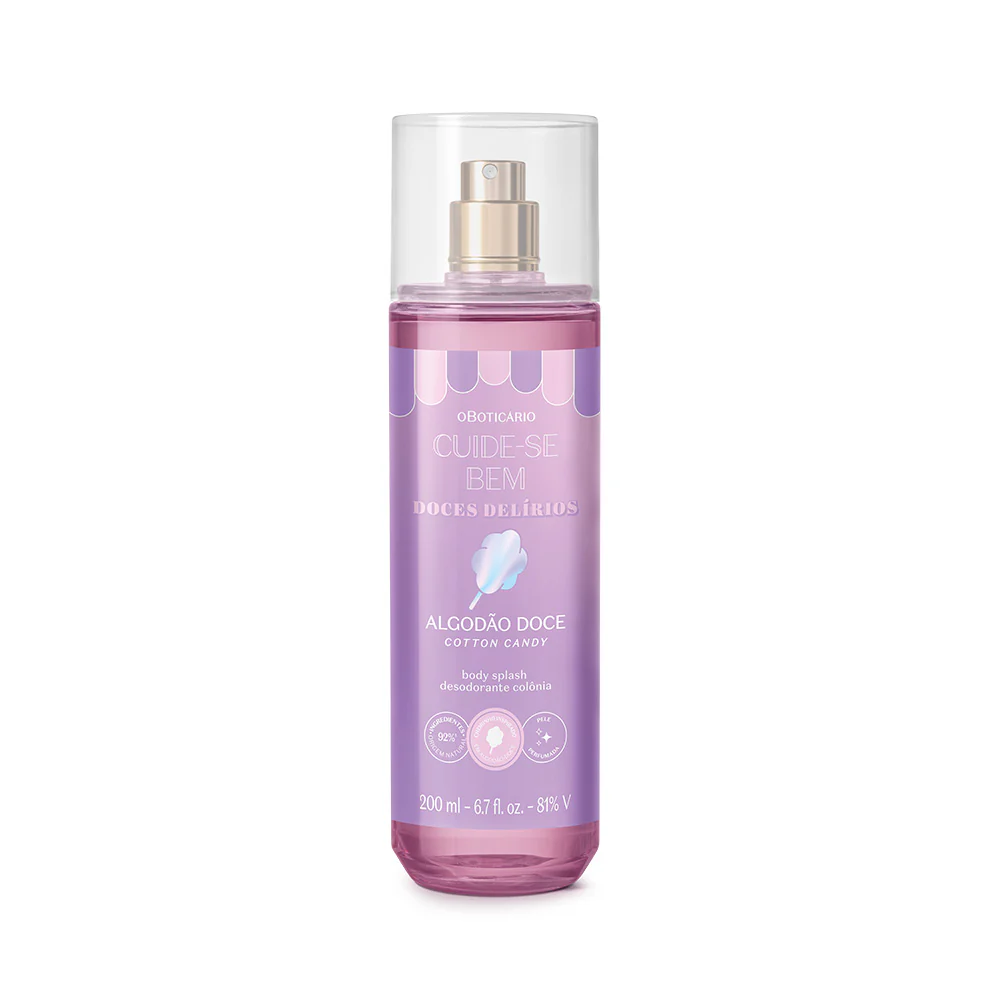 63719 Body Splash Cuide-se Bem Doces Delírios Algodão Doce 200ml Frasco de body splash desodorizante colónia O Boticário cor rosa lilás