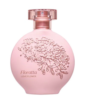 62560 FLORATTA LOVE FLOWER EAU DE TOILETTE, 75ML Frasco redondo de perfume cor-de-rosa com decoração floral em relevo e texto 'Floratta LOVE FLOWER'
