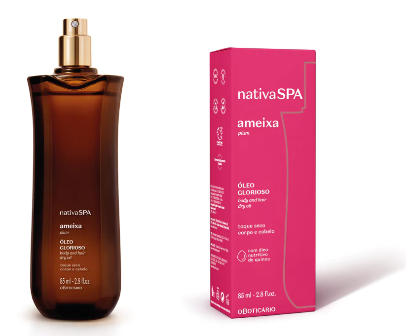 1676 ÓLEO GLORIOSO PARA CORPO E CABELO NATIVA SPA AMEIXA, 85ML Frasco castanho de óleo corporal nativaSPA ameixa com caixa rosa