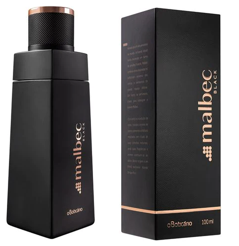 60017 MALBEC BLACK EAU DE TOILETTE, 100ML Frasco e embalagem do perfume Malbec Black preto com detalhes dourados