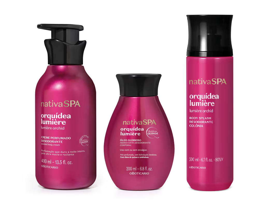 2026 Kit Nativa SPA Orquídea Lumière Produtos nativaSPA orquídea lumière em frascos rosa metálico com tampa preta