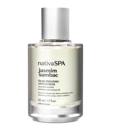 83764 ÓLEO PRECIOSO MULTIBENEFÍCIOS PARA PELE E CABELO NATIVA SPA JASMIM SAMBAC, 50ML Frasco de óleo precioso nativaSPA jasmim sambac com tampa prateada