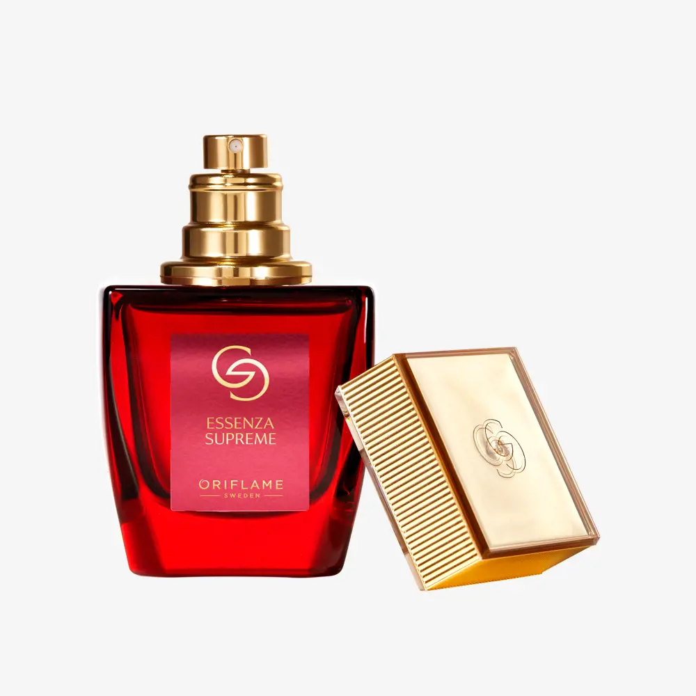 40683 Parfum Essenza Supreme Giordani Gold Frasco de perfume Essenza Supreme da Oriflame vermelho com tampa dourada