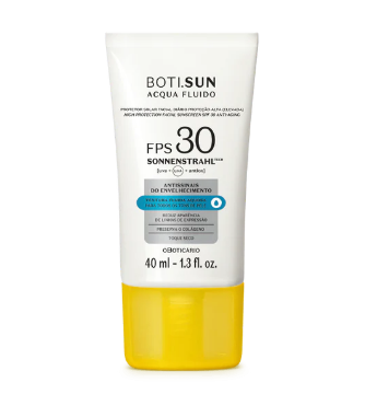 47600 BOTI.SUN PROTETOR SOLAR FACIAL ANTISSINAIS ACQUA FLUIDO FPS30 creme fluido de proteção solar BOTI.SUN FPS 30 em embalagem branca com tampa amarela