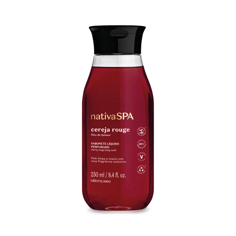 57833 Sabonete Líquido Perfumado Nativa Spa Cereja Rouge 250ml Frasco de sabonete líquido perfumado Nativa SPA cereja rouge vermelho com tampa preta