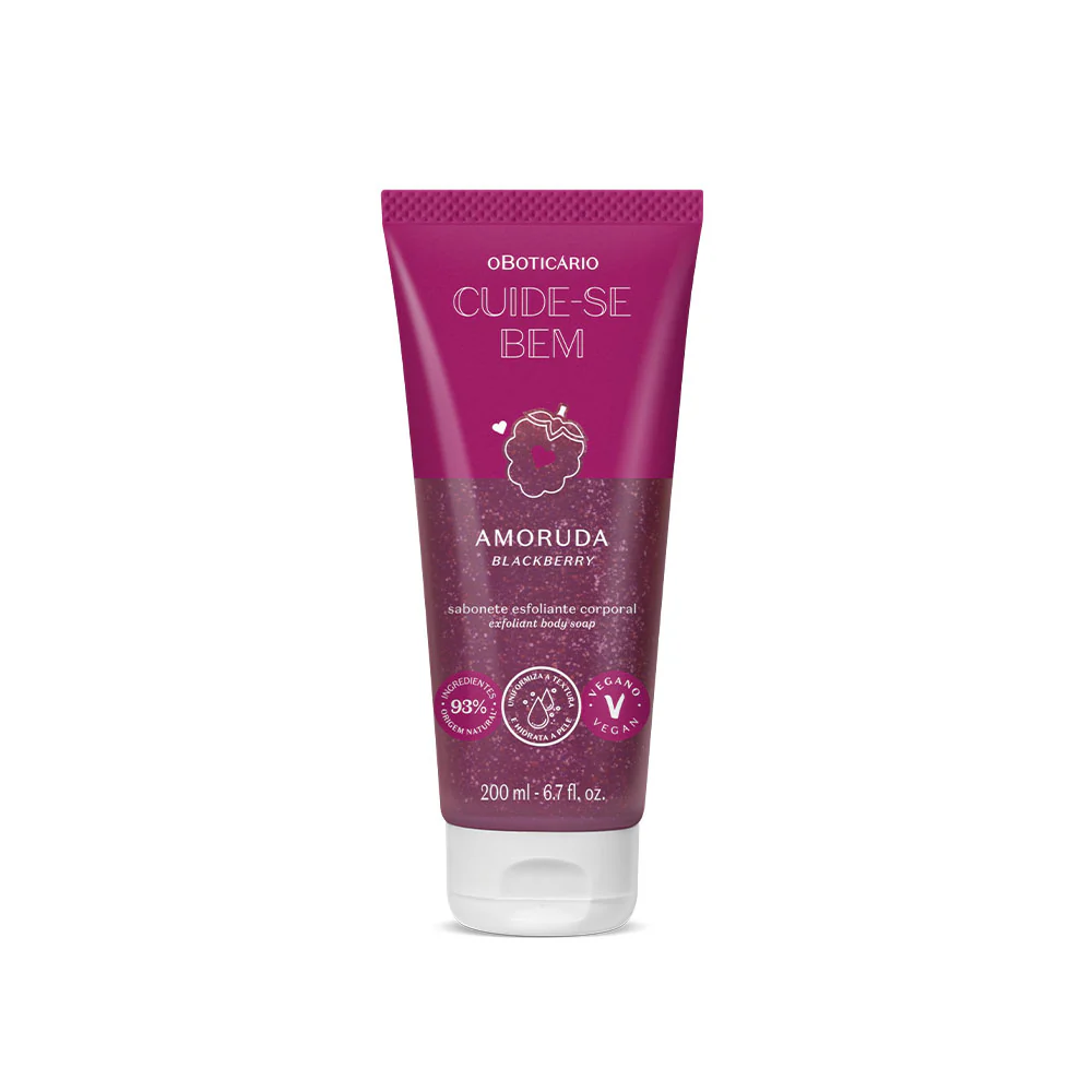 63526 Gel de Banho Esfoliante Corporal Cuide-se Bem Amoruda 200ml Creme esfoliante corporal O Boticário Cuide-se Bem Amóruda em embalagem rosa e roxa
