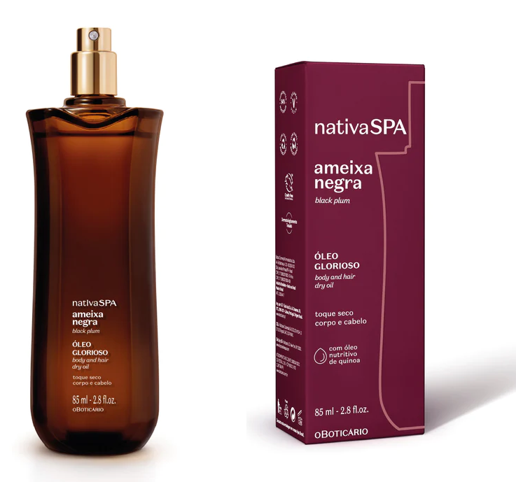 1680 ÓLEO GLORIOSO PARA CORPO E CABELO NATIVA SPA AMEIXA NEGRA, 85ML Frasco e caixa do óleo glorioso nativaSPA ameixa negra
